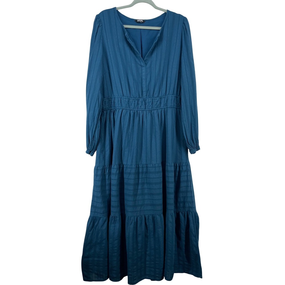 BTFBM Size XXL Maxi Dress Teal Blue Smocked Tiered Long Sleeve Cotton Womens